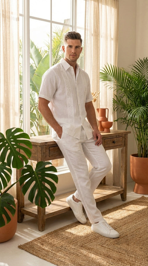Mens White Embroidered Walking Suit Set ā Short Sleeve Shirt and Pants Casual Summer Outfit for Vacation, Beach and Everyday Wear