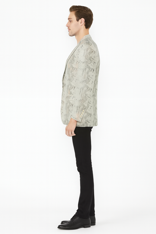 Men’s White Snake Print Blazer - Exotic Slim Fit Party and Fashion Jacket - Alligator crocodile print by Usamensoutlet