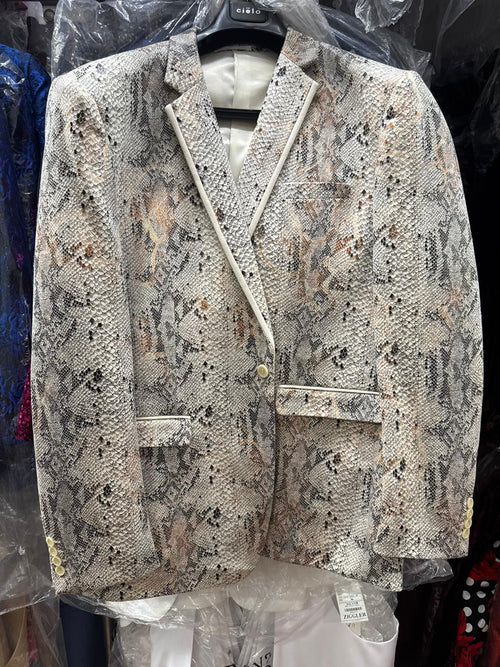 Men’s White Snake Print Blazer - Exotic Slim Fit Party and Fashion Jacket - Alligator crocodile print by Usamensoutlet