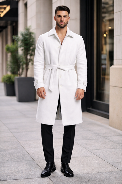 Men's White Wool Belted Long Coat – Classic Overcoat for Formal Wear, Wedding Full length