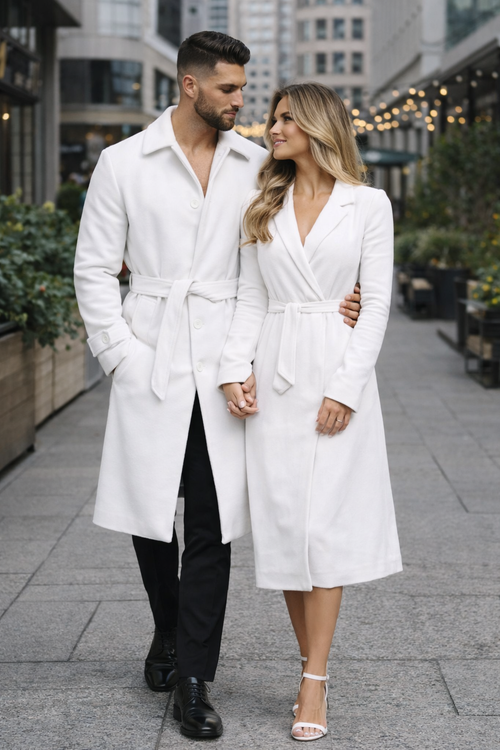 Men's White Wool Belted Long Coat – Classic Overcoat for Formal Wear, Wedding Full length
