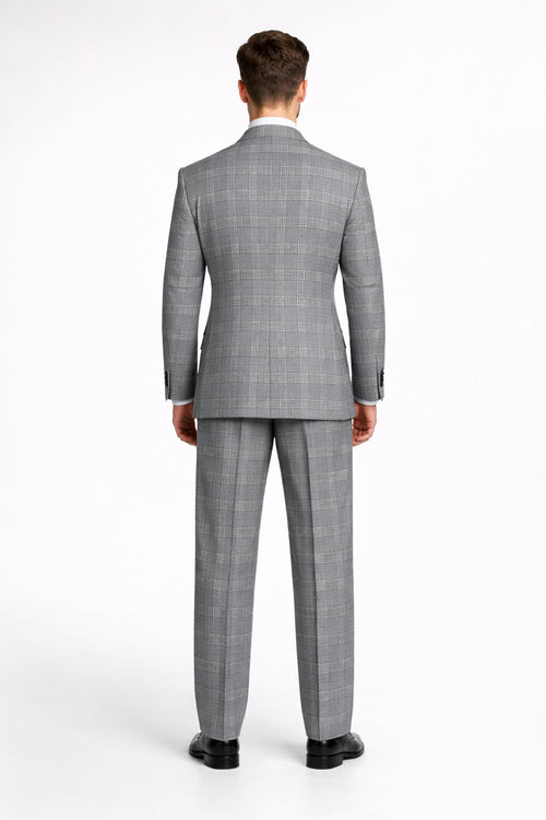 Suits With Baggy Pleated Pants - Wide Leg Pants 100% Wool - Classic Fit in Black and White Plaid Color by Rossiman USA Men's Outlet