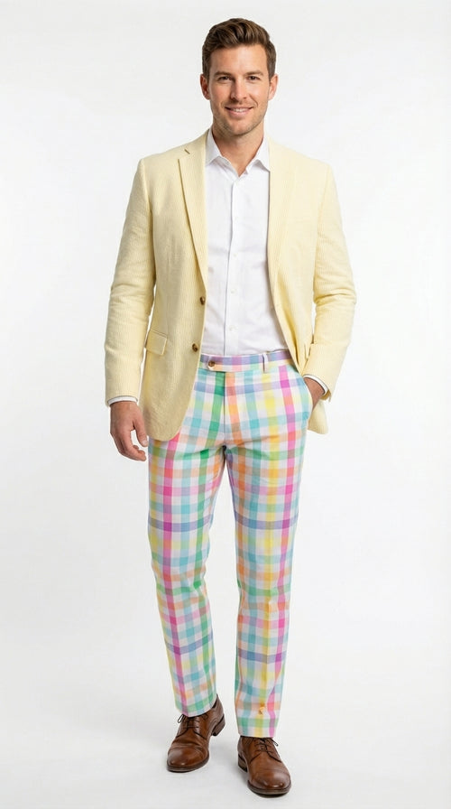 Mens Yellow Seersucker Blazer β Lightweight Summer Sport Coat Formal Casual Wedding Party Jacket