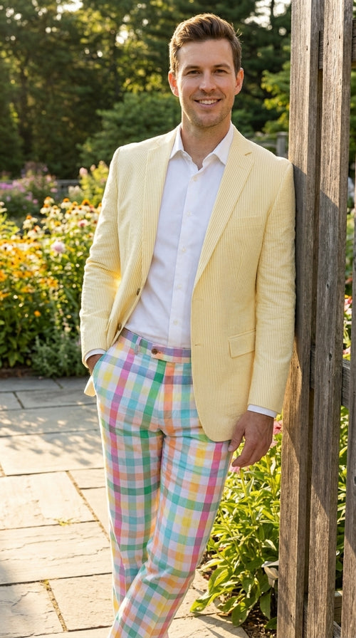 Mens Yellow Seersucker Blazer β Lightweight Summer Sport Coat Formal Casual Wedding Party Jacket