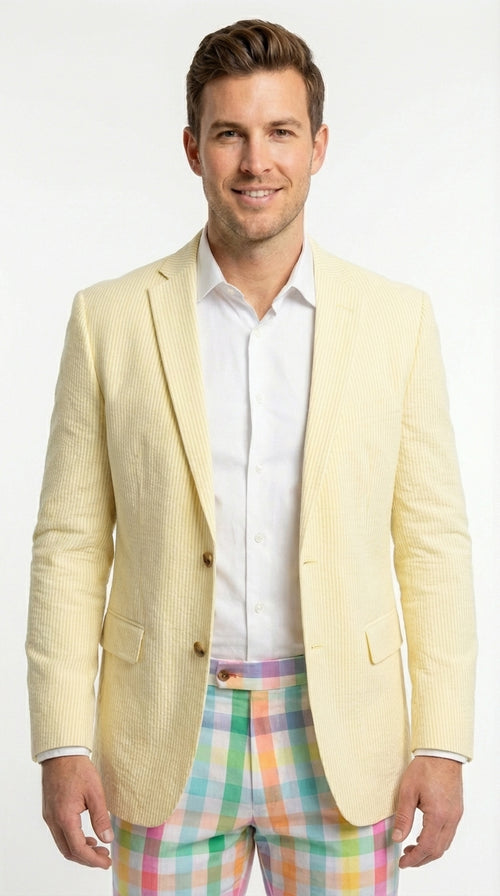 Mens Yellow Seersucker Blazer β Lightweight Summer Sport Coat Formal Casual Wedding Party Jacket