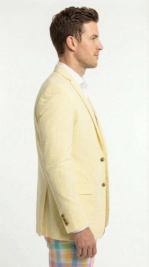 Mens Yellow Seersucker Blazer β Lightweight Summer Sport Coat Formal Casual Wedding Party Jacket