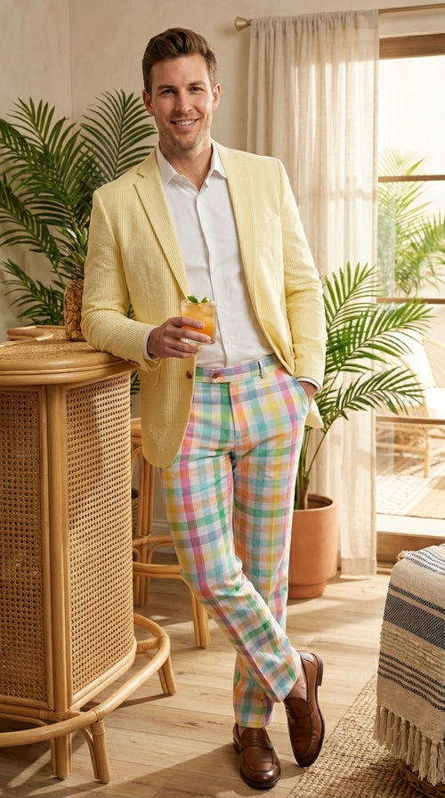 Mens Yellow Seersucker Blazer β Lightweight Summer Sport Coat Formal Casual Wedding Party Jacket