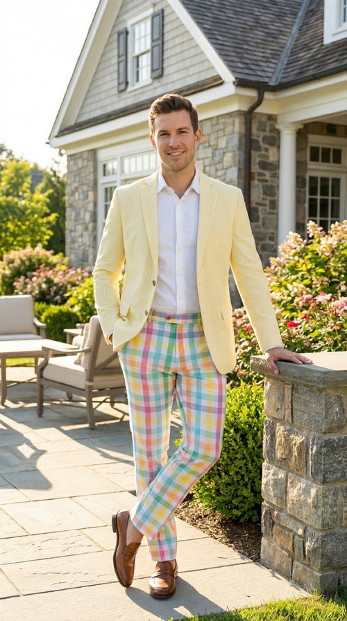Mens Yellow Seersucker Blazer β Lightweight Summer Sport Coat Formal Casual Wedding Party Jacket