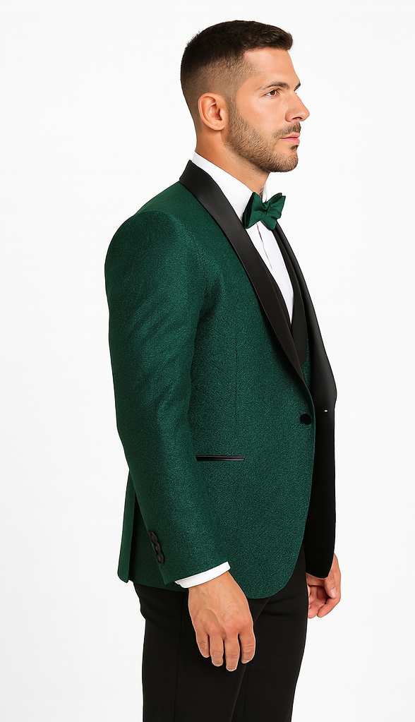Men's Designer Vested Floral Lace Wedding Tuxedo in Hunter Green