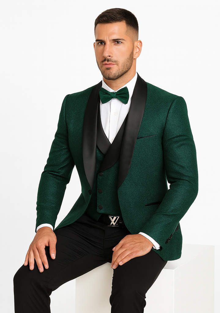 Men's Designer Vested Floral Lace Wedding Tuxedo in Hunter Green