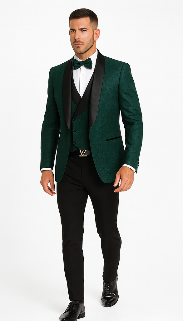 Men's Designer Vested Floral Lace Wedding Tuxedo in Hunter Green