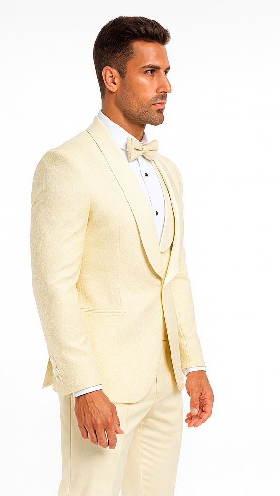 Men's Designer Vested Floral Lace Wedding Tuxedo in Ivory