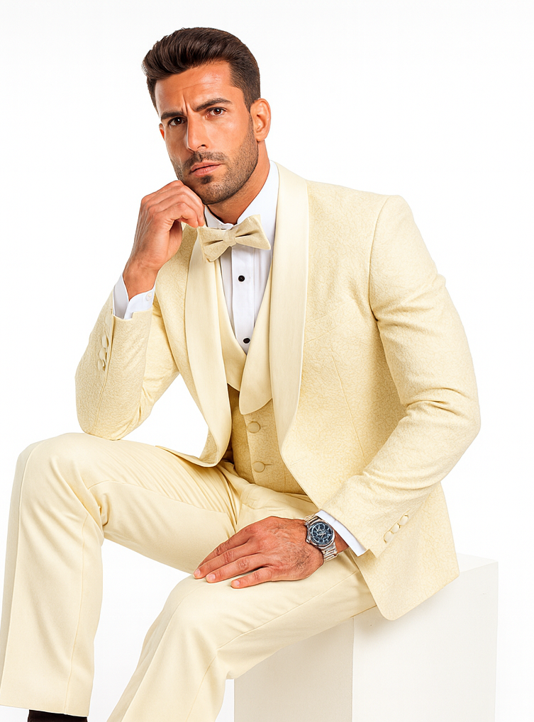 Men's Designer Vested Floral Lace Wedding Tuxedo in Ivory