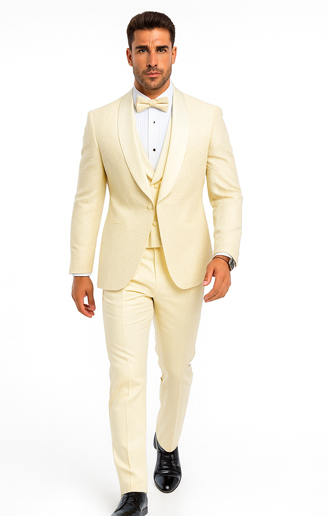 Men's Designer Vested Floral Lace Wedding Tuxedo in Ivory