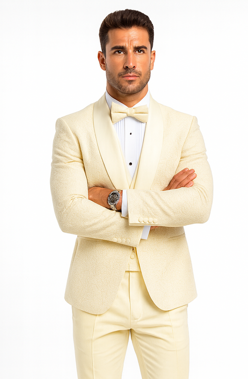 Men's Designer Vested Floral Lace Wedding Tuxedo in Ivory