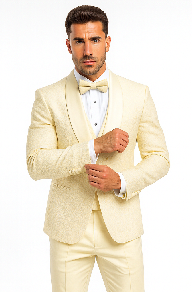 Men's Designer Vested Floral Lace Wedding Tuxedo in Ivory