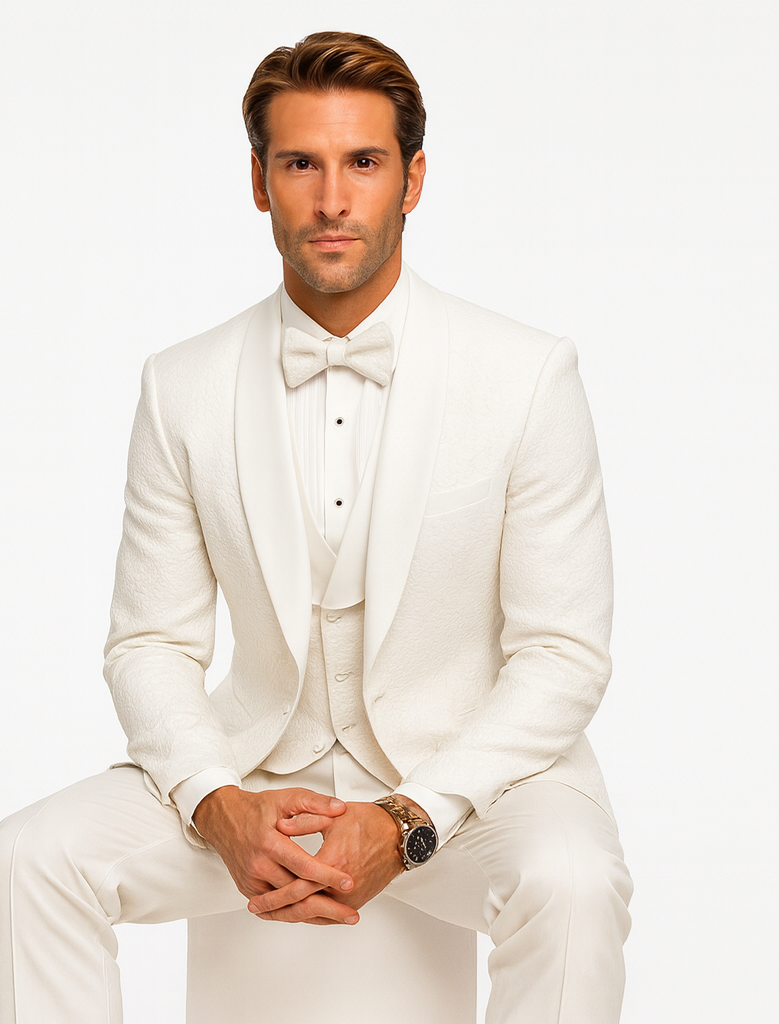 Men's Designer Vested Floral Lace Wedding Tuxedo in White