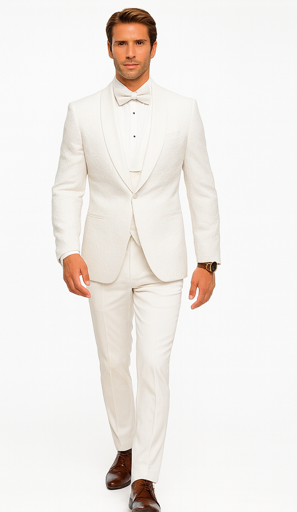 Men's Designer Vested Floral Lace Wedding Tuxedo in White