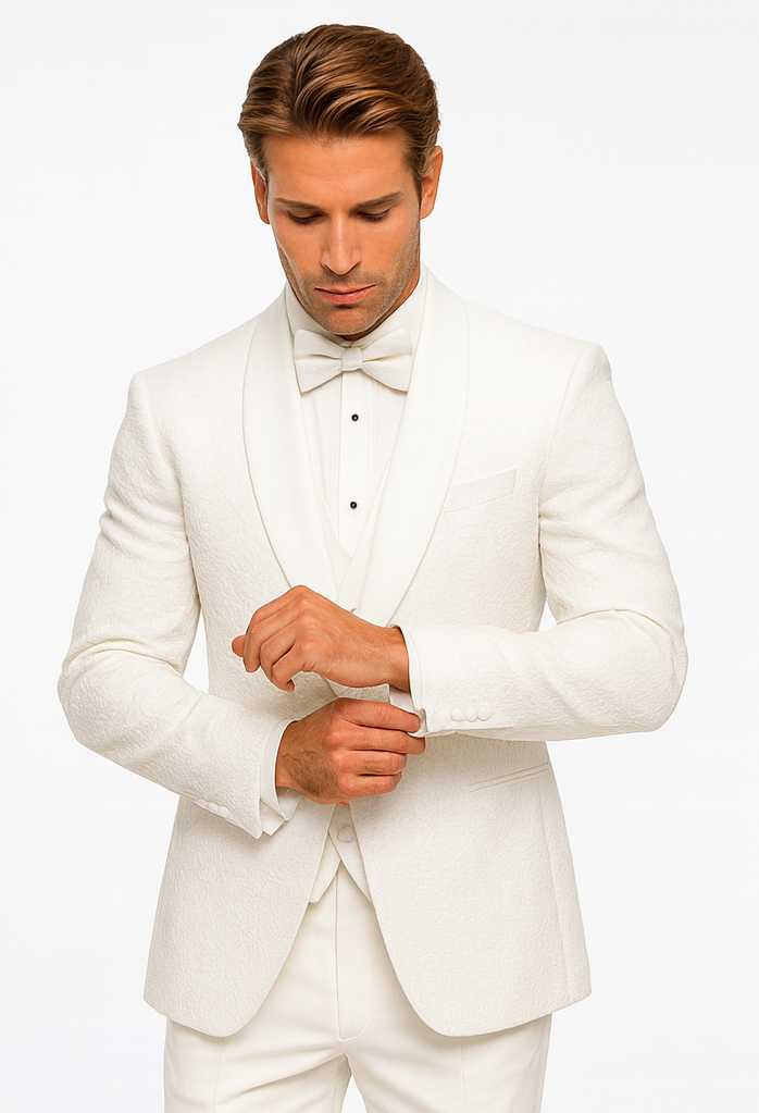 Men's Designer Vested Floral Lace Wedding Tuxedo in White