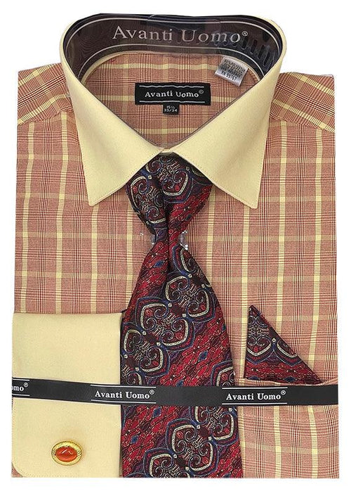 Menswear
"Daniel Ellissa" Mens Red Dress Shirt Set w/ Tonal Check Print & Contrast Collar French Cuffs - USA Men's Outlet