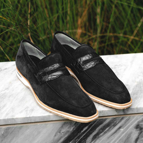 Zelli Meo 3 Suede and Crocodile Penny Loafers in Black