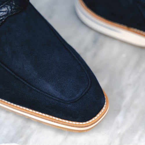 Zelli Meo 3 Suede Penny Loafers with Crocodile Accent in Navy