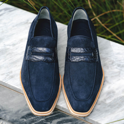Zelli Meo 3 Suede Penny Loafers with Crocodile Accent in Navy