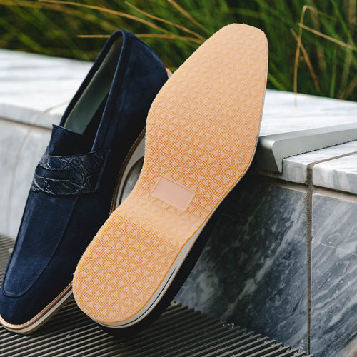 Zelli Meo 3 Suede Penny Loafers with Crocodile Accent in Navy