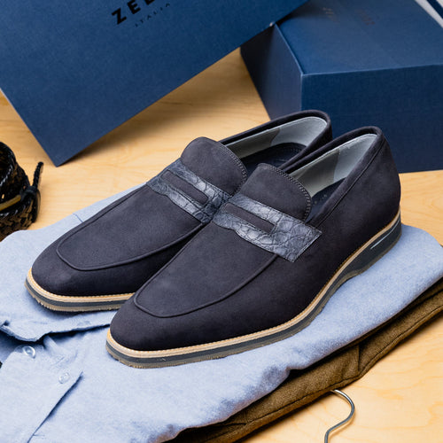 Zelli Meo 3 Suede Loafers with Genuine Crocodile Accent in Grey