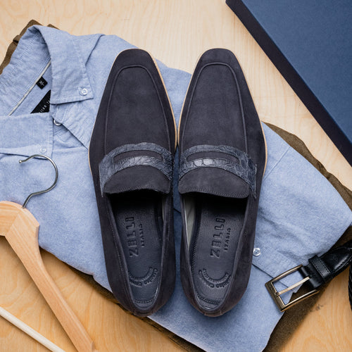 Zelli Meo 3 Suede Loafers with Genuine Crocodile Accent in Grey