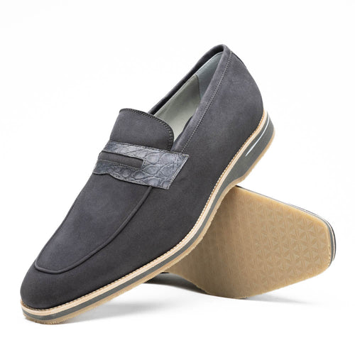 Zelli Meo 3 Suede Loafers with Genuine Crocodile Accent in Grey