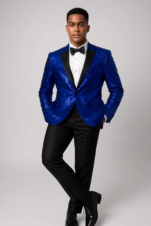 Sequin Suit - Shiny Suit - Royal Blue Suit - Metallic Fabric suit- Stage Tuxedo - Groom Suit Jacket + Pants