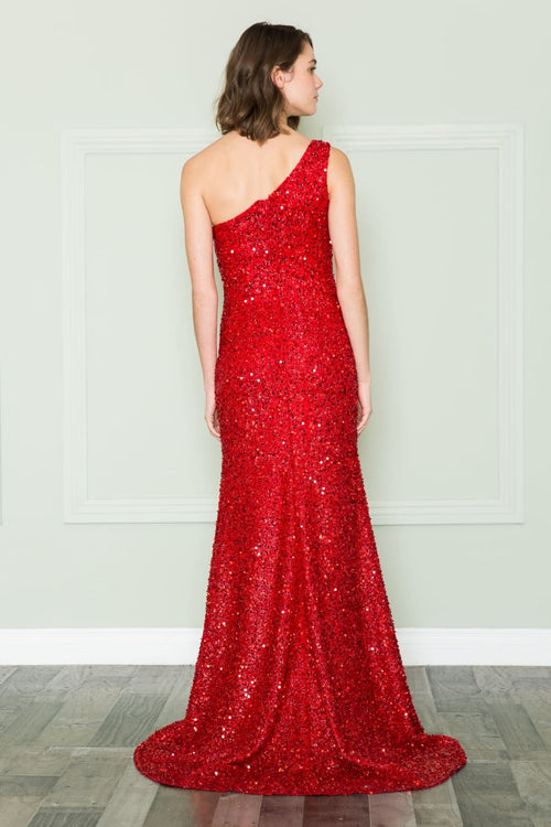 POLY USA 8874 Sequined Long One Shoulder Military Ball Formal Gown
