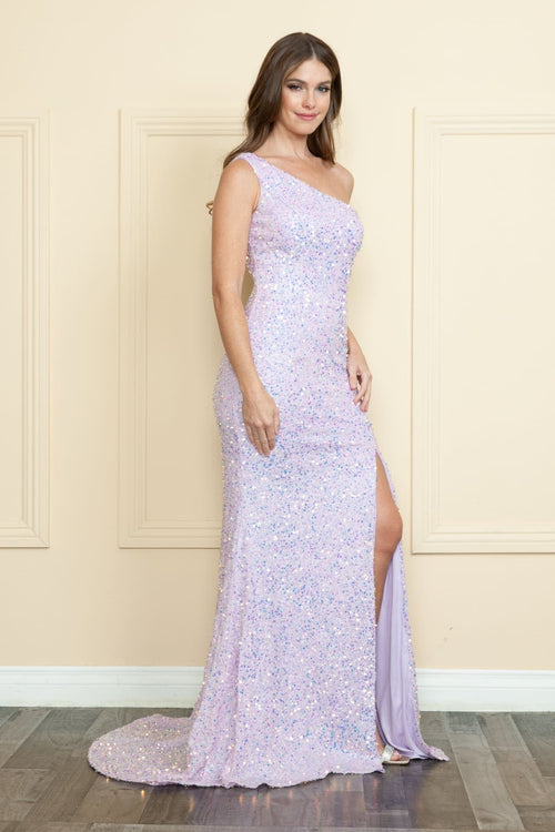 POLY USA 8874 Sequined Long One Shoulder Military Ball Formal Gown