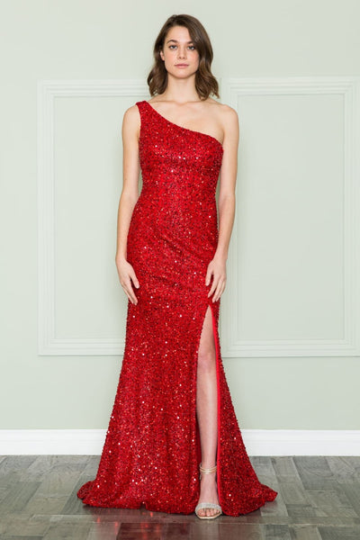 POLY USA 8874 Sequined Long One Shoulder Military Ball Formal Gown