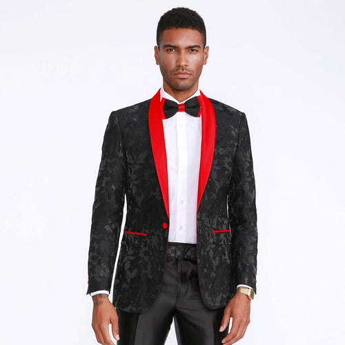 Black and Red Tuxedo Jacket Floral Pattern Slim Fit - Wedding - Prom