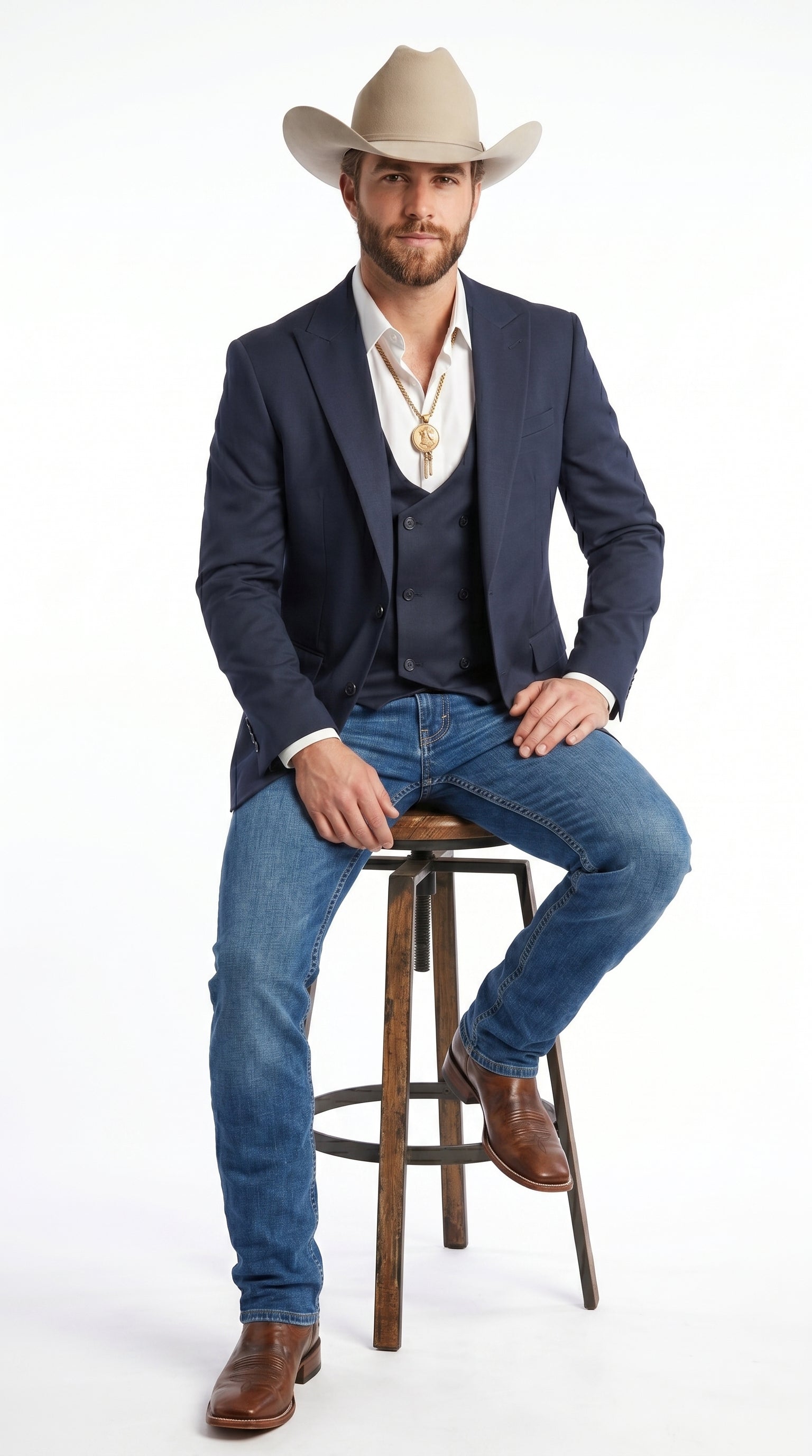 Menβs Navy Western Suit Blazer with Double Breasted Vest, Modern Cowboy Formal Outfit