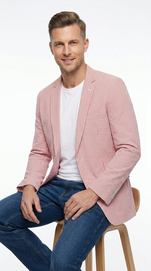 Men’s Red Brick Seersucker 2 Button Blazer, Lightweight Summer Sport Coat for Dress Casual Wear