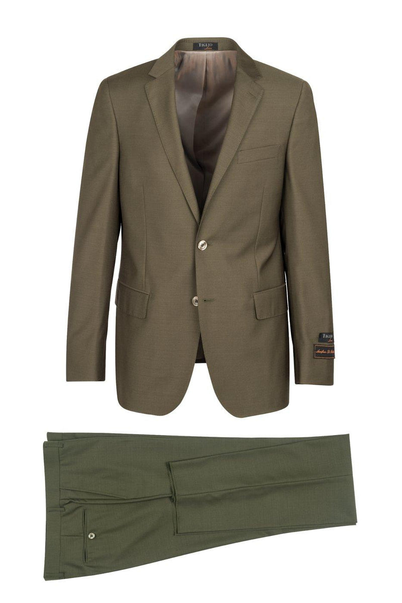 Tiglio Italian Suit - Real Wool Fabric Super 150's Novello Olive, Modern Fit Suit in Color Olive