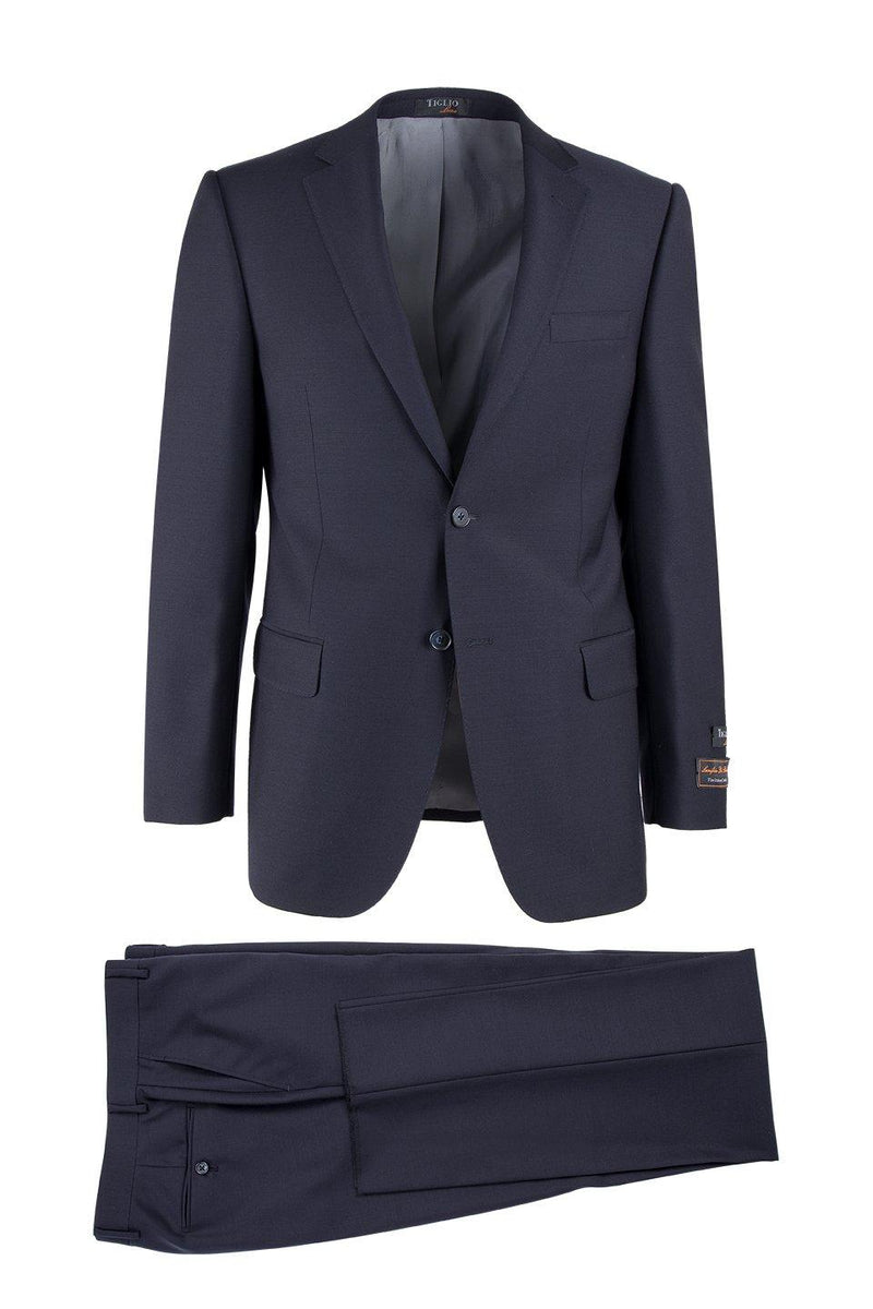 Tiglio Italian Suit - Real Wool Fabric Super 150's Novello Navy, Modern Fit Suit in Color Navy