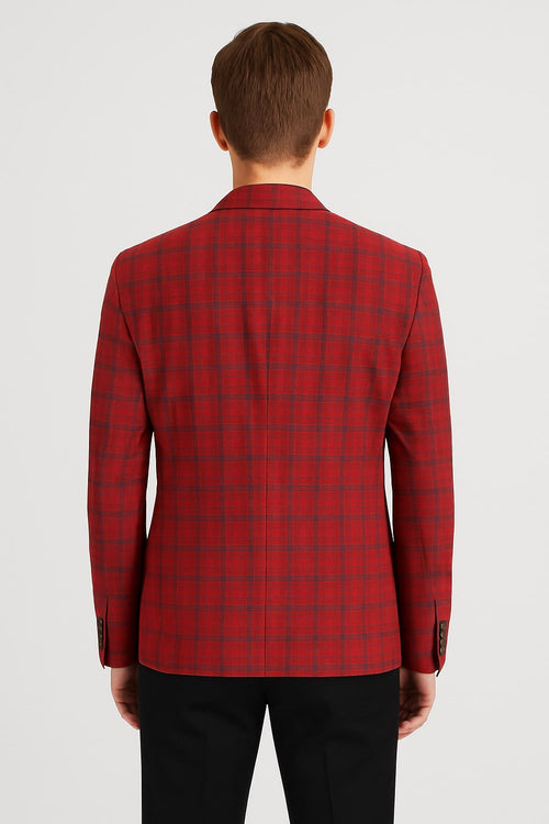 Modern Red Plaid Blazer – Tartan Windowpane Pattern Christmas Party Color