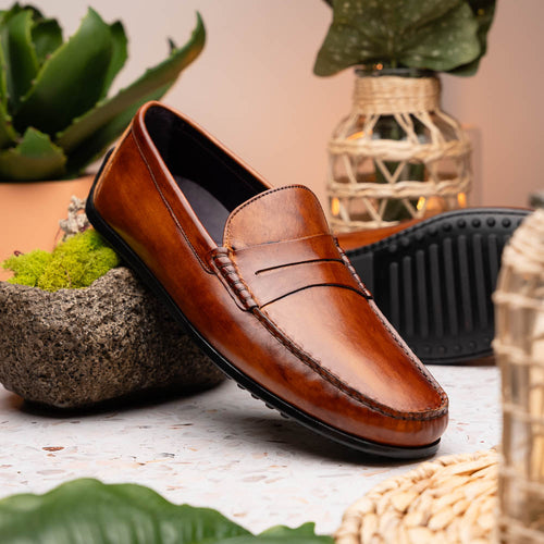 Zelli Monza Hand Burnished Calfskin Driving Loafers in Cognac