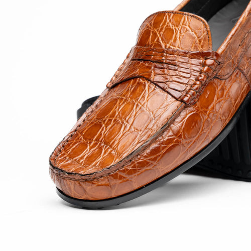 Zelli Monza Genuine Caiman Crocodile Driving Loafers in Cognac