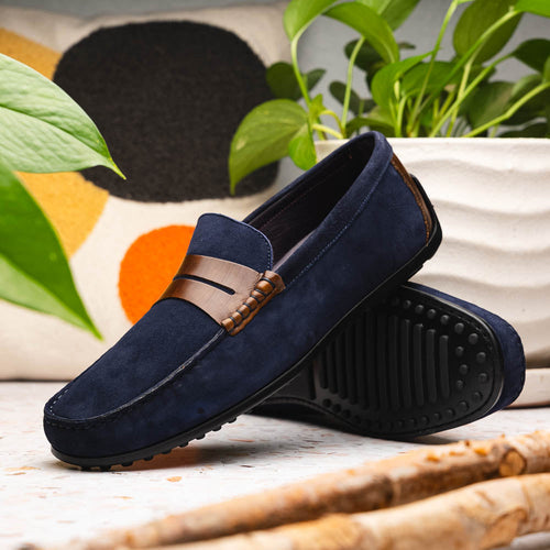 Zelli Monza Suede and Hand-Burnished Calfskin Driving Loafers in Navy