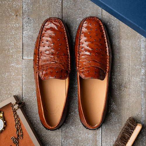 Zelli Monza Genuine Ostrich Quill Driving Loafers in Brandy