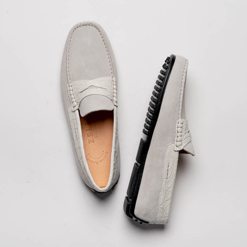 Zelli Monza Suede and Caiman Crocodile Driving Loafer in White