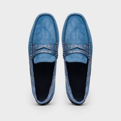 Zelli Monza Suede & Caiman Crocodile Driving Shoes in Denim