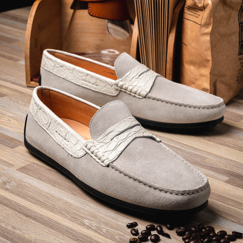 Zelli Monza Suede and Caiman Crocodile Driving Loafer in White