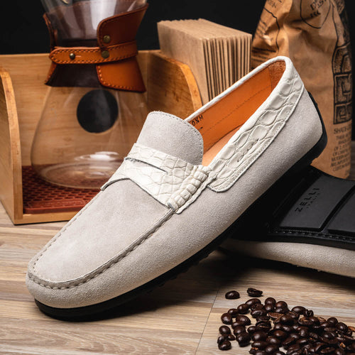 Zelli Monza Suede and Caiman Crocodile Driving Loafer in White
