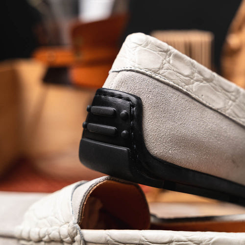 Zelli Monza Suede and Caiman Crocodile Driving Loafer in White